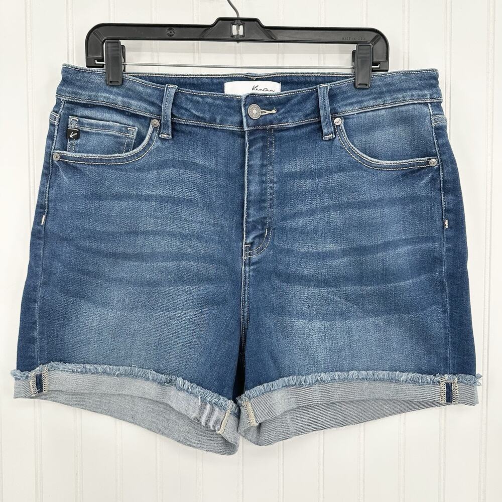 Kancan Shorts Womens 16W Cuffed Blue Denim Jean 4" Stretch Comfort Fringe EUC